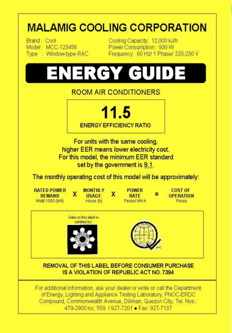 yellow Philippine energy label with black text