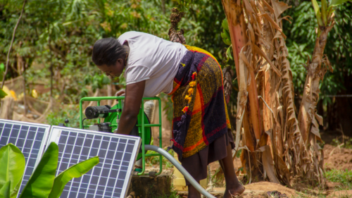 Woman outside bending over a solar-powered water pump. Text reads "Sowing Success for Solar-Powered Irrigation Systems"