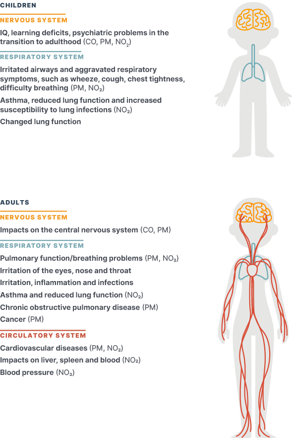 Infographic depicting two gray silhouettes of people, one shorter to represent a child and one taller to represent an adult. The child has blue lines showing the respiratory system and orange lines showing the brain. The adult has orange lines showing the brain, blue lines showing the respirator system, and red lines showing the circulatory system. The title of the graph is "Health Impacts of Pollutant Exposure". The health effects next to the child are listed: Nervous system: IQ, learning deficits, psychiatric problems in the transition to adulthood (CO, PM, NO2). Respiratory System: Irritated airways and aggravated respiratory symptoms, such as wheeze, cough, chest tightness, difficulty breathing (PM, NO2) Asthma, reduced lung function and increased susceptibility to lung infections (NO2) Changed lung function. The health effects for the adult are: Nervous System: Impacts on the central nervous system (CO, PM) Respiratory System: Pulmonary function/breathing problems (PM, NO2) Irritation of the eyes, nose and throat Irritation, inflammation and infections Asthma and reduced lung function (NO2) Chronic obstructive pulmonary disease (PM) Cancer (PM) Circulatory system: Cardiovascular diseases (PM, NO2) Impacts on liver, spleen and blood (NO2) Blood pressure (NO2)