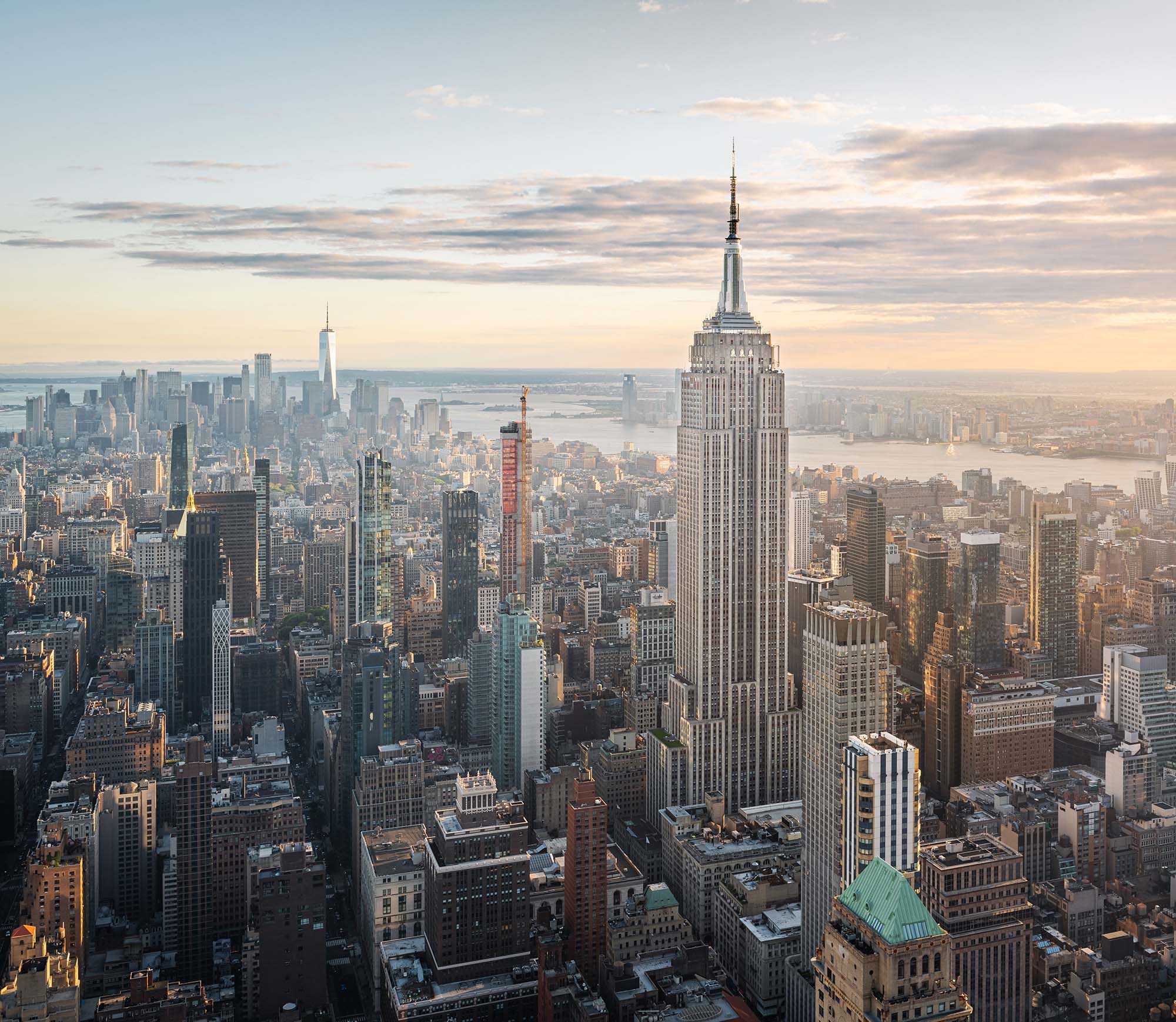 Aerial view of the empire state building with the NYC skyline in the background